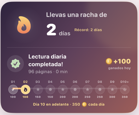 Mistbook daily streak panel with reading rewards