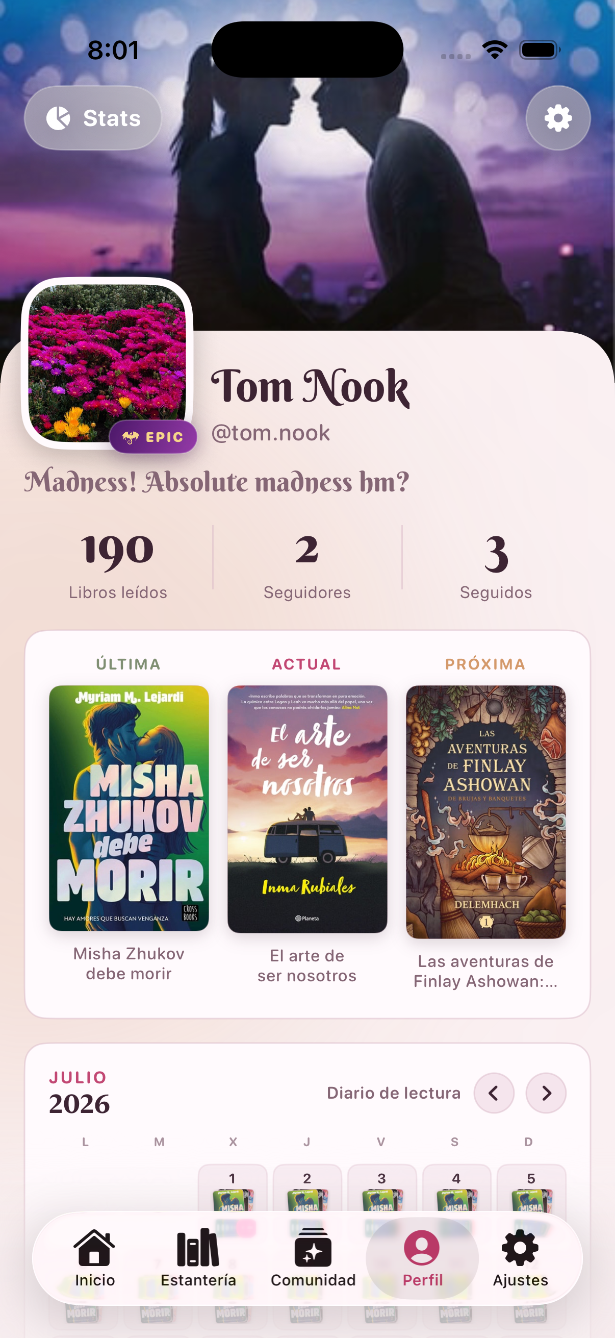 Customized profile of Tom Nook in Mistbook with followers, current books, and reading journal