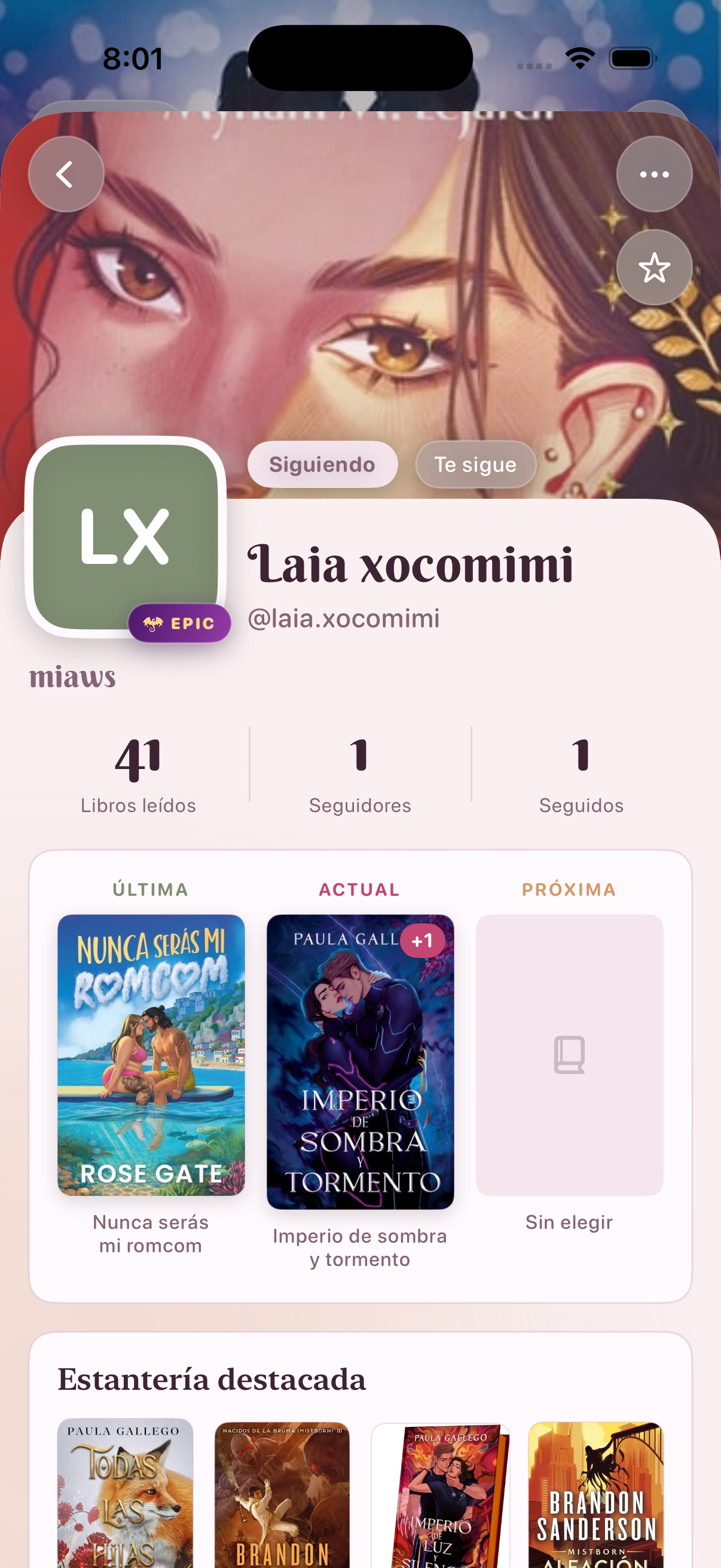 Public profile of Laia in Mistbook with followers, featured bookshelf, and reads