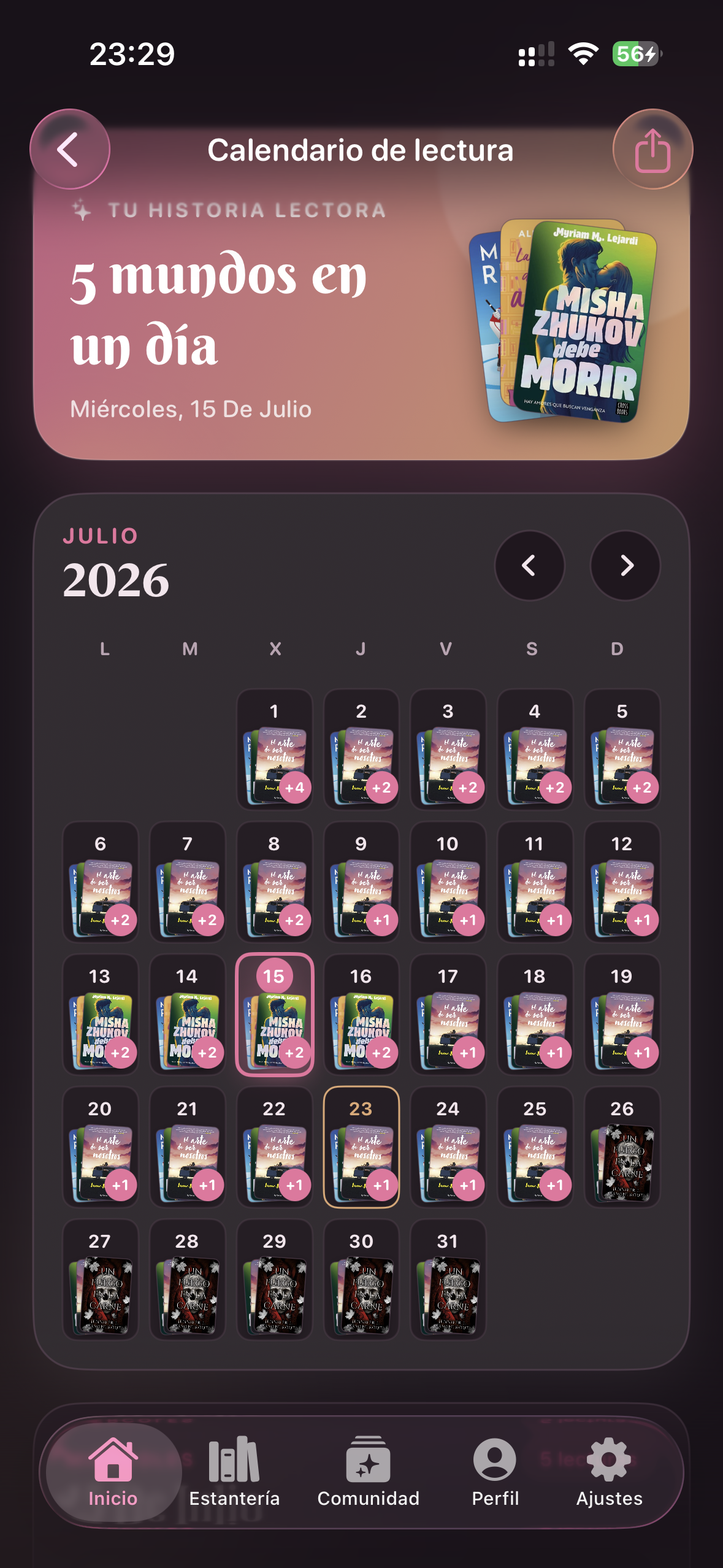 Mistbook reading calendar showing covers for each day