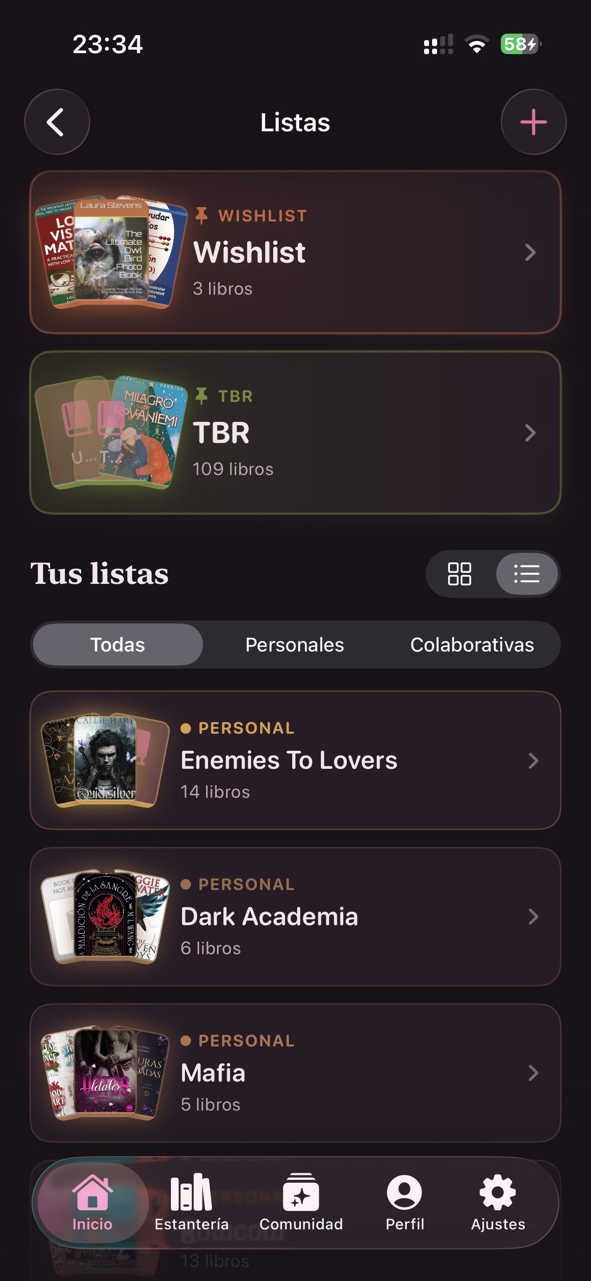 Mistbook lists showing Wishlist, TBR and personal collections