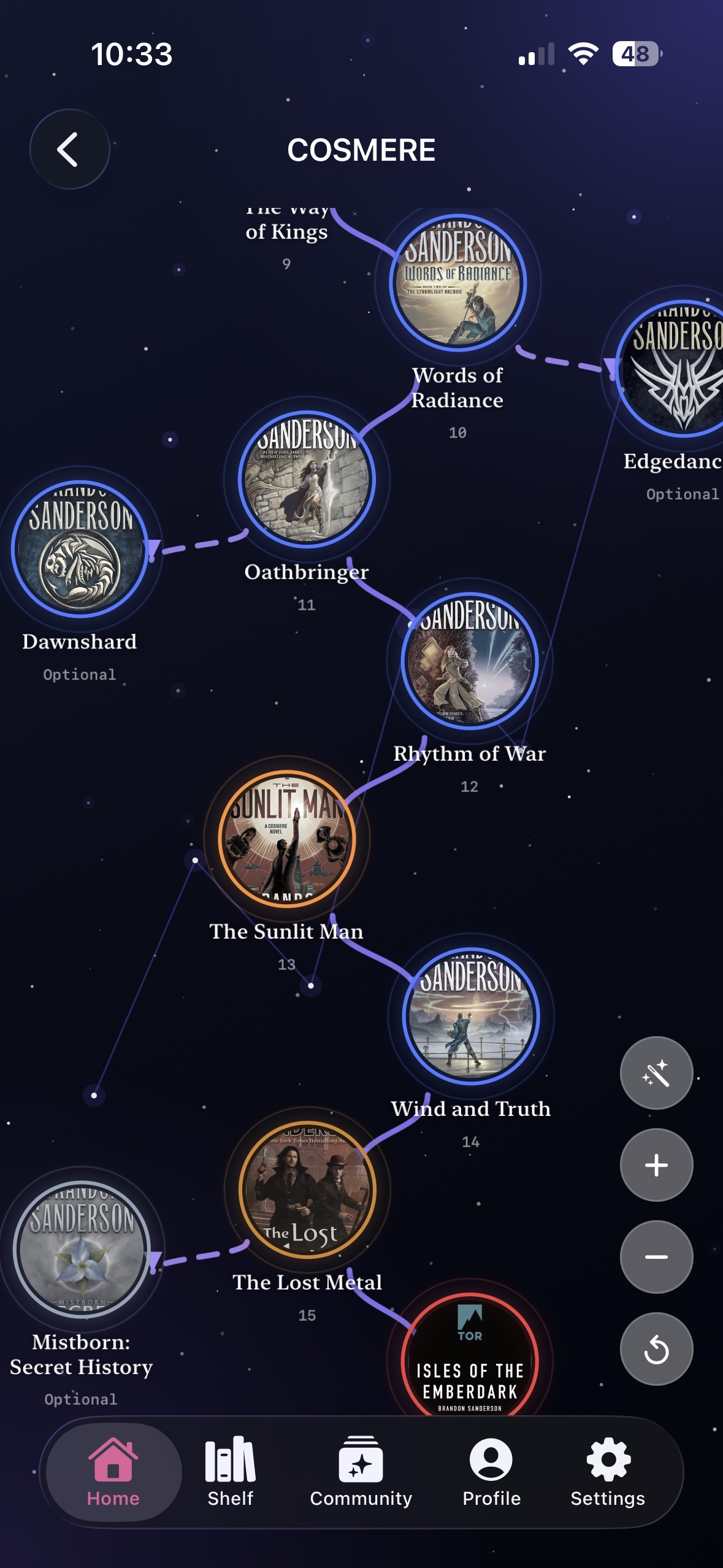 Cosmere reading map in Mistbook, represented as a constellation